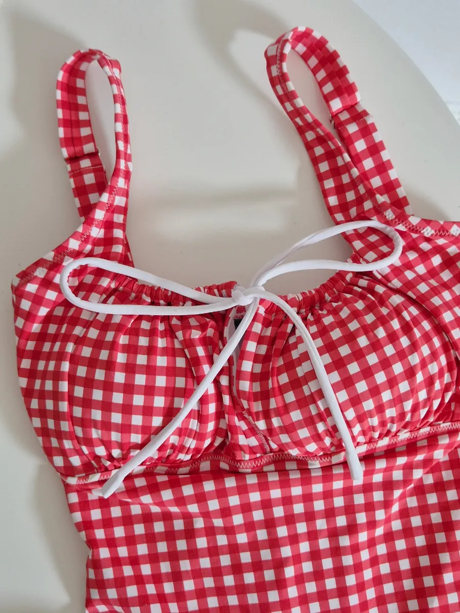 Bohemian Blue red checked one-piece swimsuit
