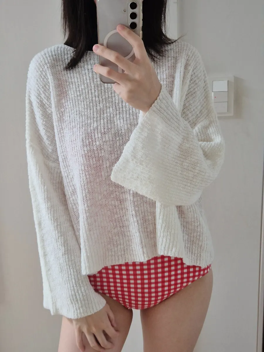Bust shirring and bow on a checked one-piece swimsuit