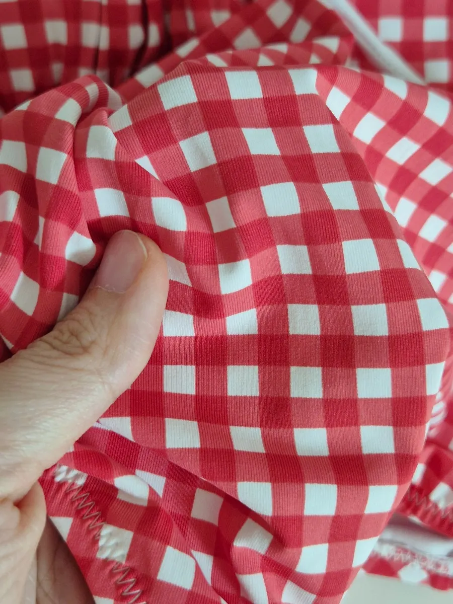 Wearing a Bohemian Blue checked swimsuit