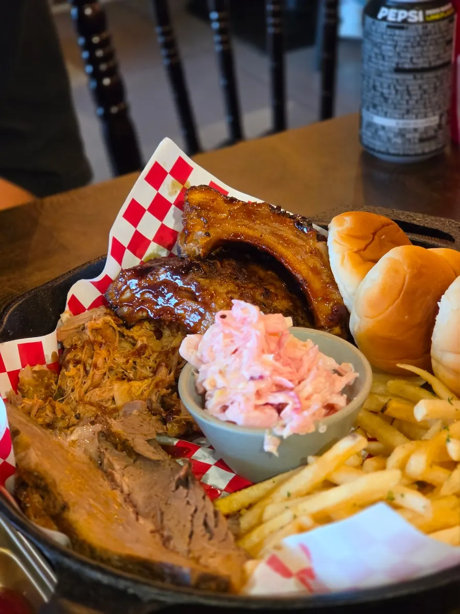 BBQ platter with brisket, baby back ribs and pulled pork