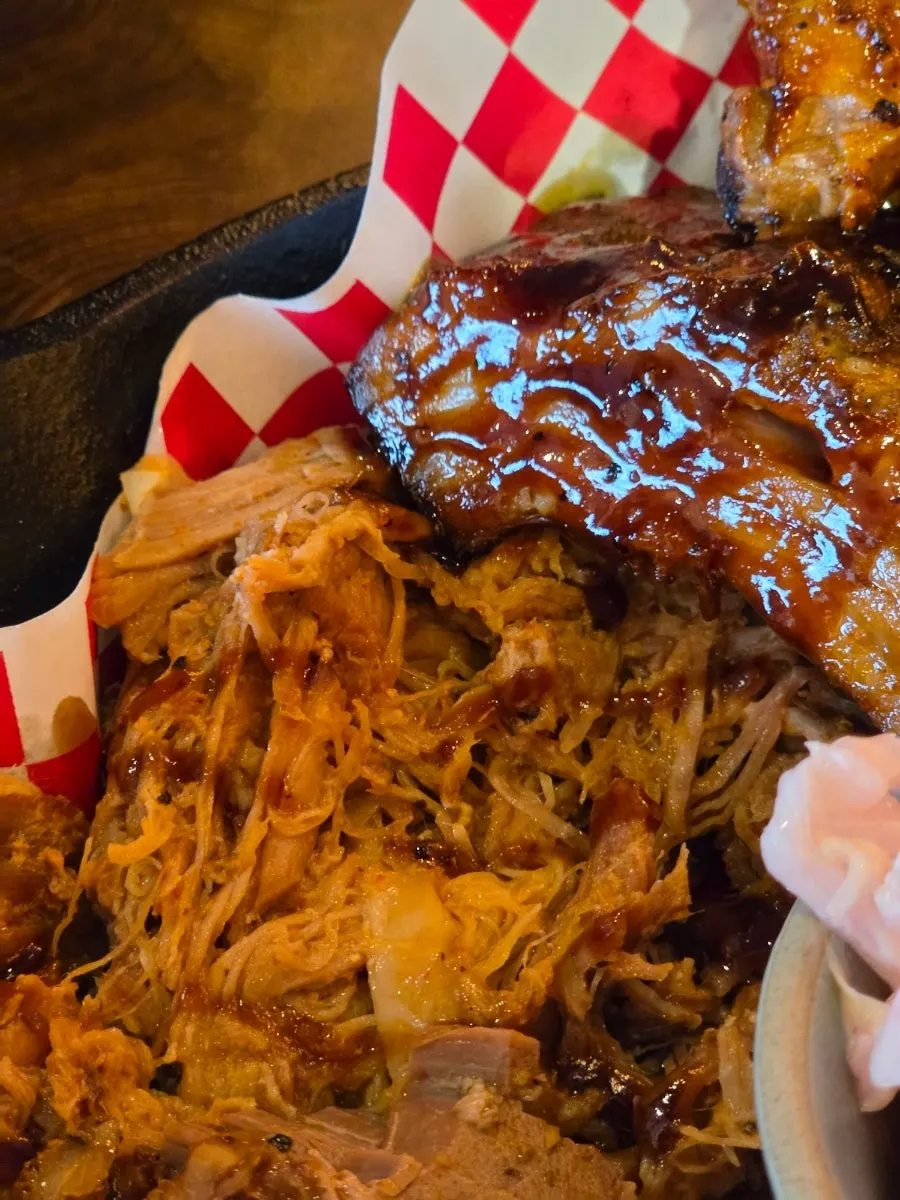 Close-up of the brisket falling apart in tender chunks