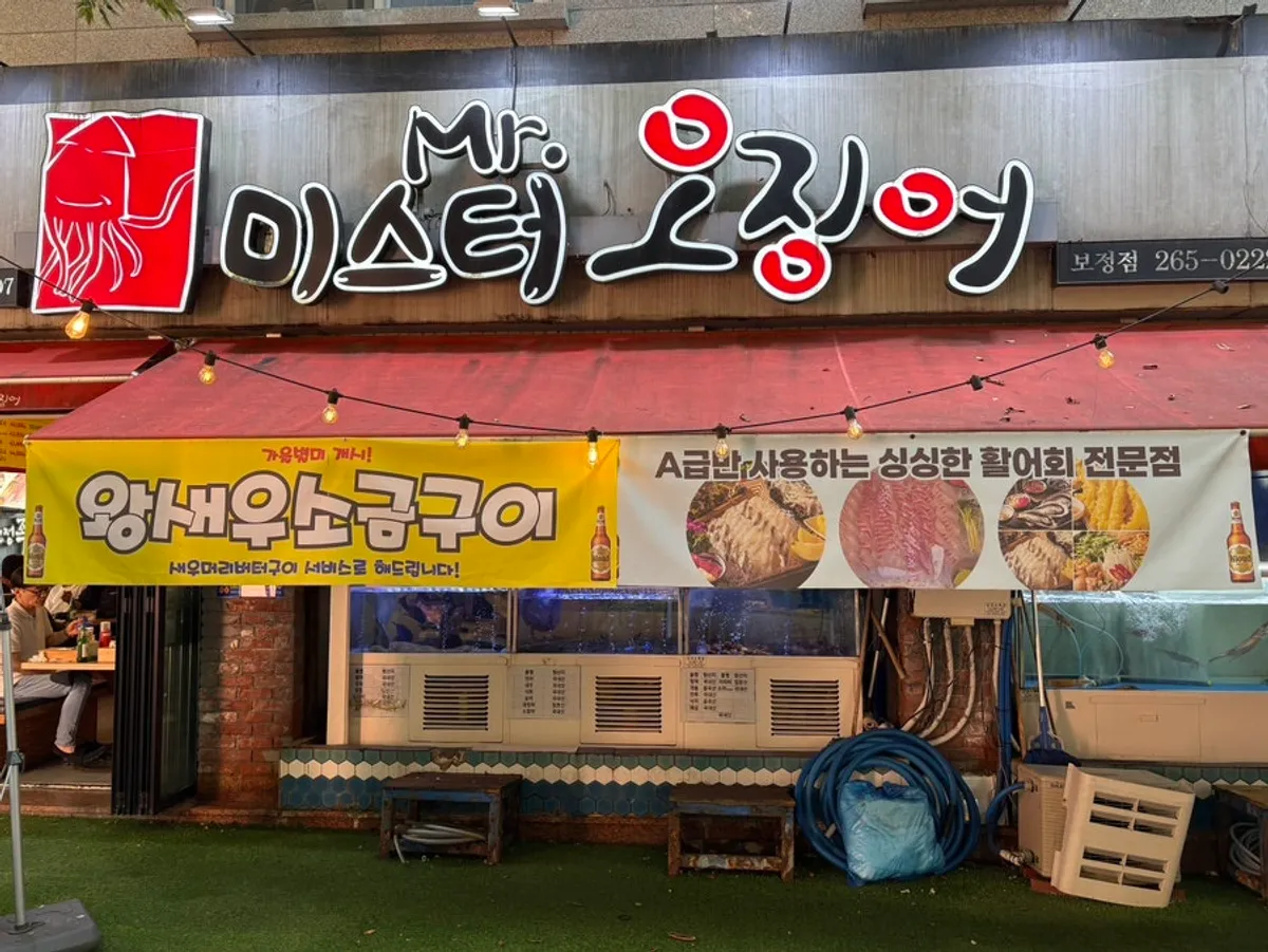 Exterior of Mr. Squid Yongin Bojeong Branch on Bojeong-dong cafe street with grass and string lights