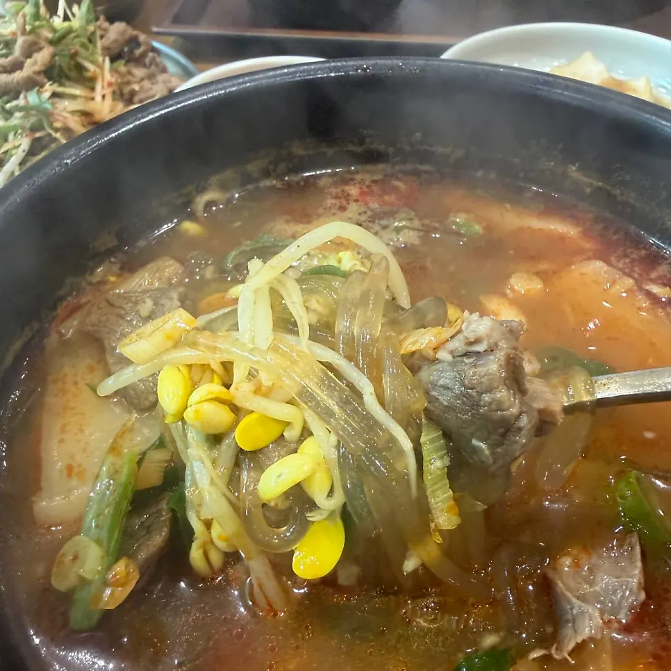 콩나물과 당면, 두툼한 고기가 든 해장국 국물