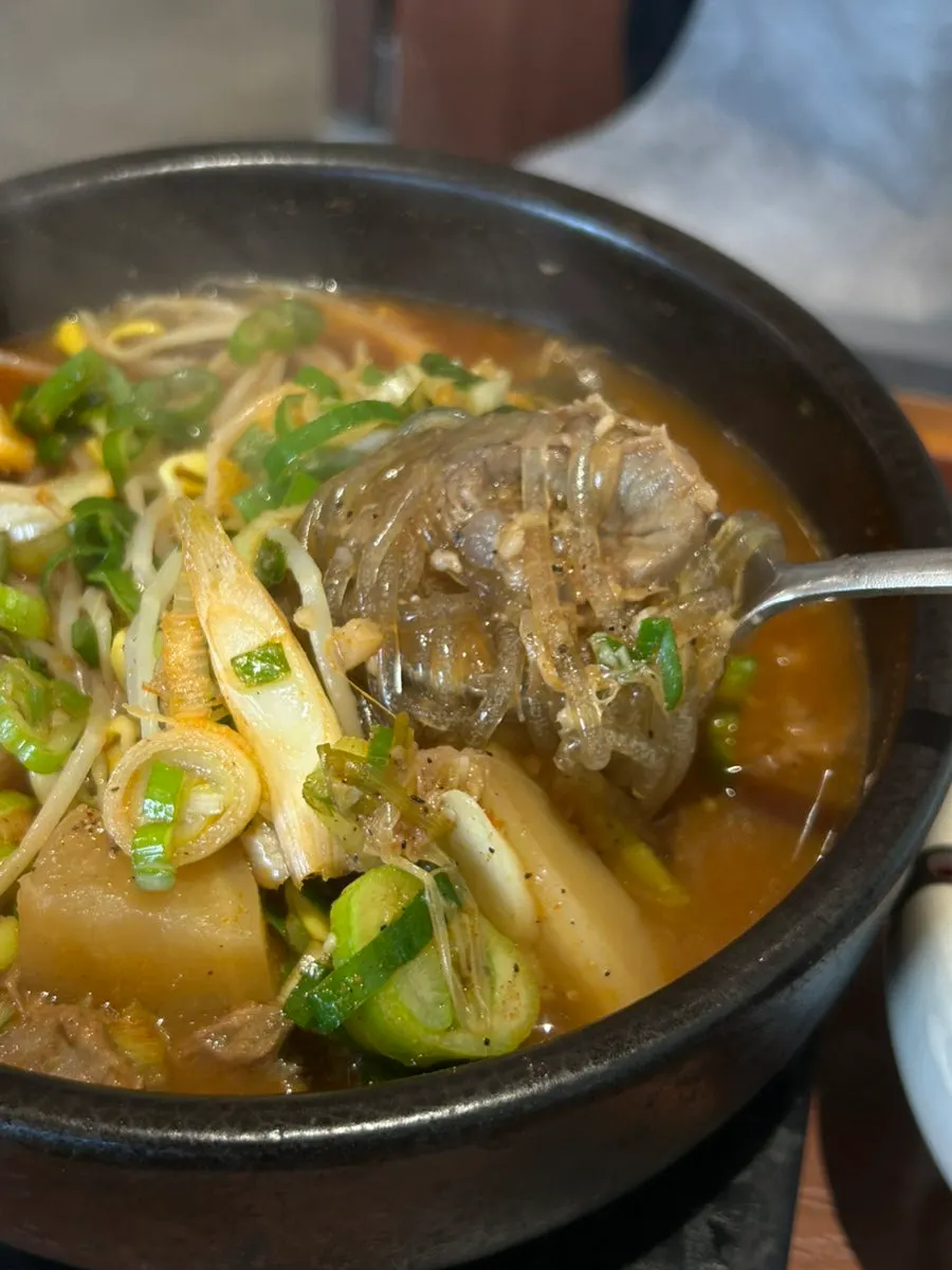 Close-up of the broth and ingredients in boksan haejangguk