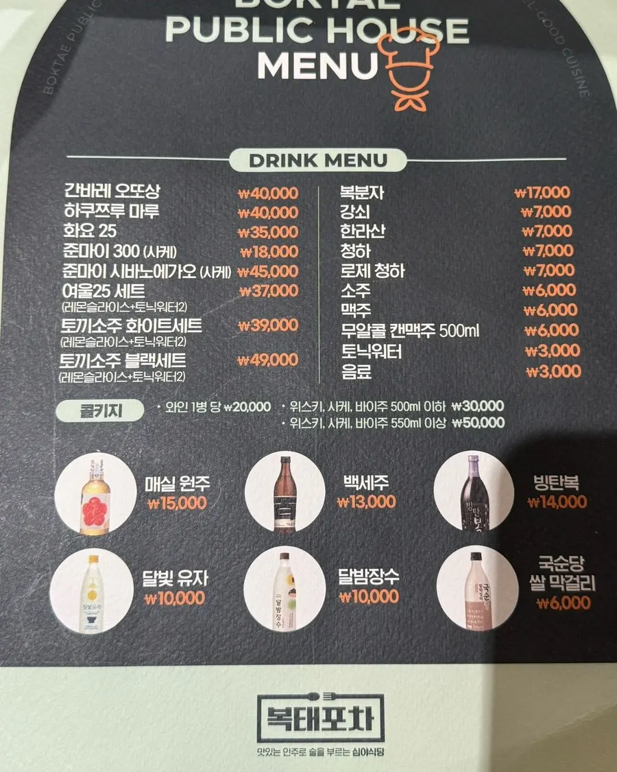 Drinks menu at Boktae Pocha listing sake and makgeolli