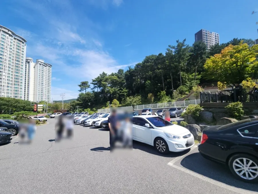 주말 오전 차량이 들어찬 식당 주차장