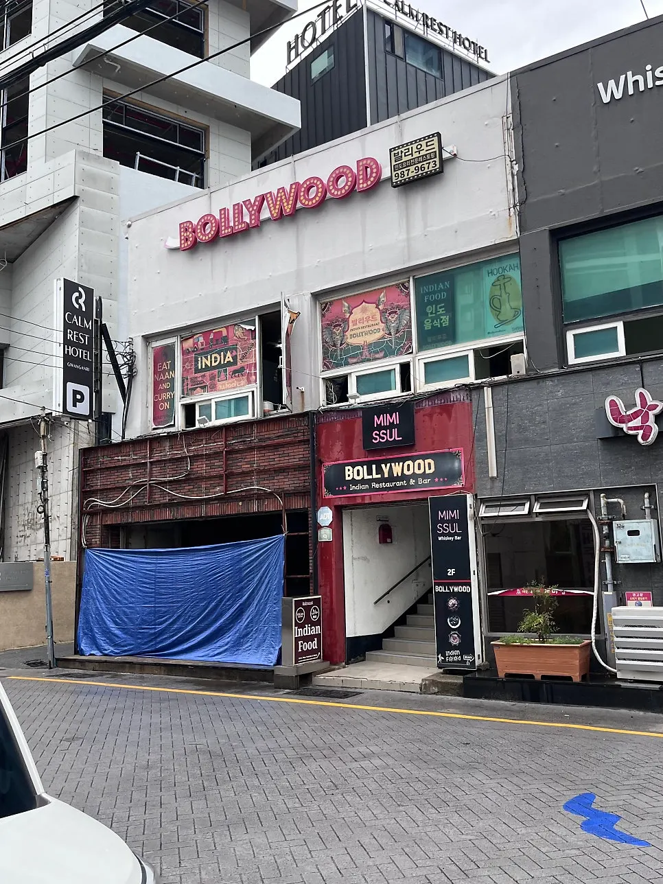 Second-floor entrance to Bollywood's building near Gwangan Beach