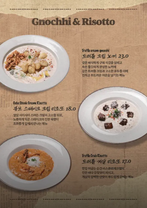 Menu page for gnocchi and risotto