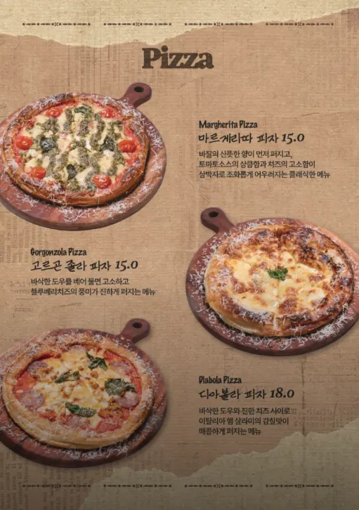 Menu page for pizza and sous vide steak