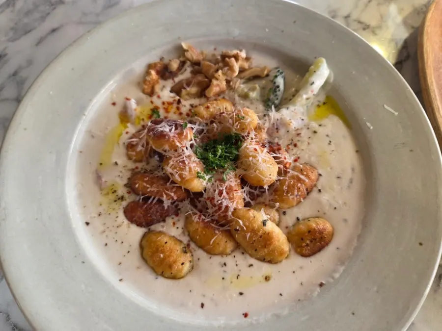 Close-up of gnocchi with a crisply seared exterior