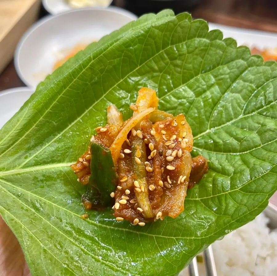 양념이 배어든 제육볶음 근접 모습