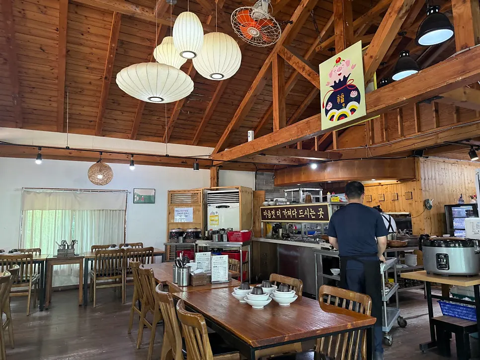 Interior ceiling with visible rafters and tables