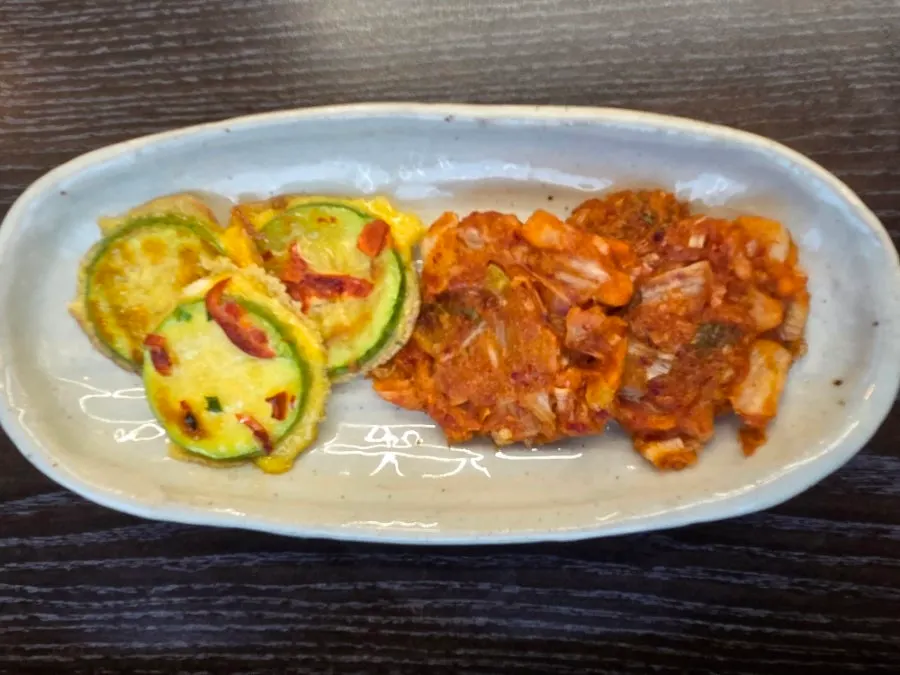 Seasoned crab with kimchi pancake and pumpkin pancake