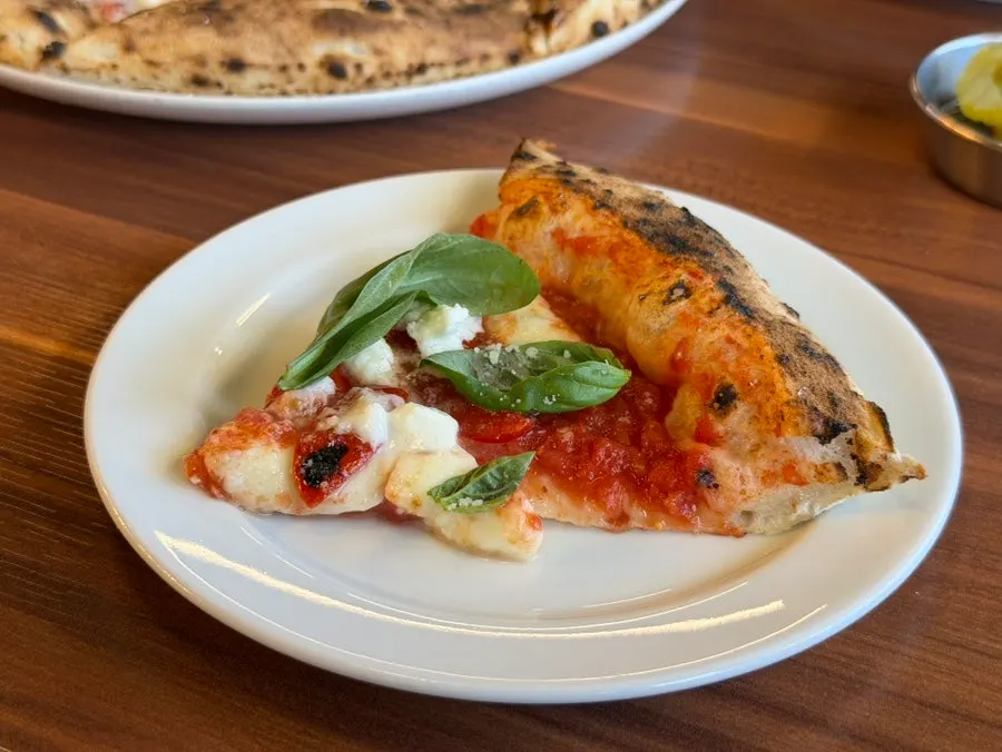 A slice of wood-fired pizza topped with basil