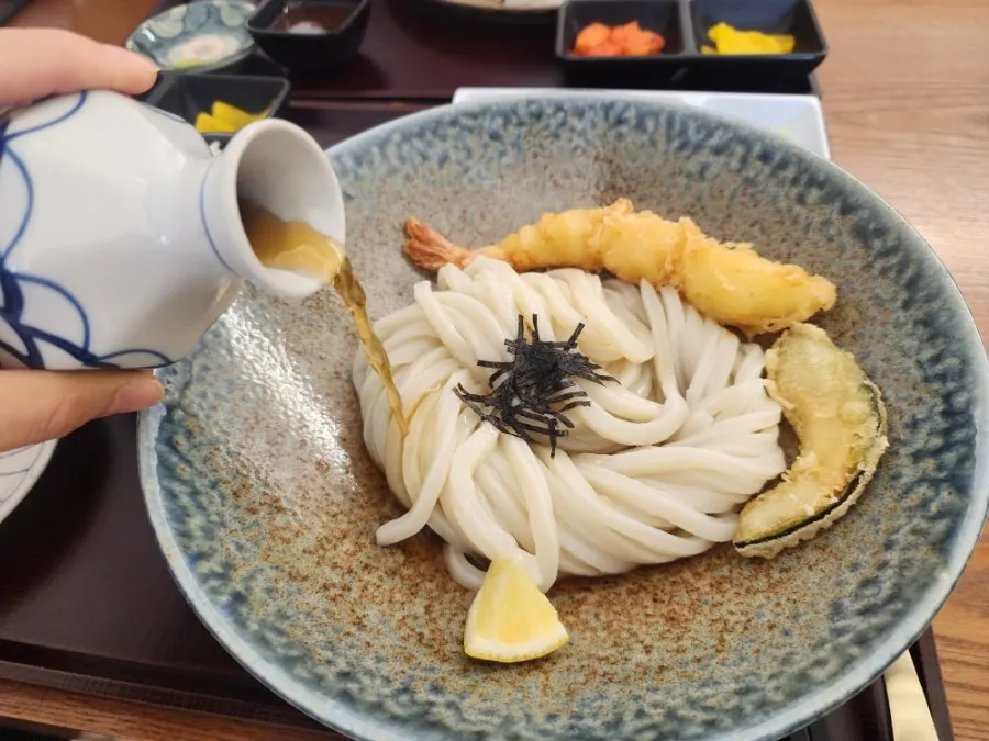 Ten bukkake udon with shrimp and kabocha squash tempura