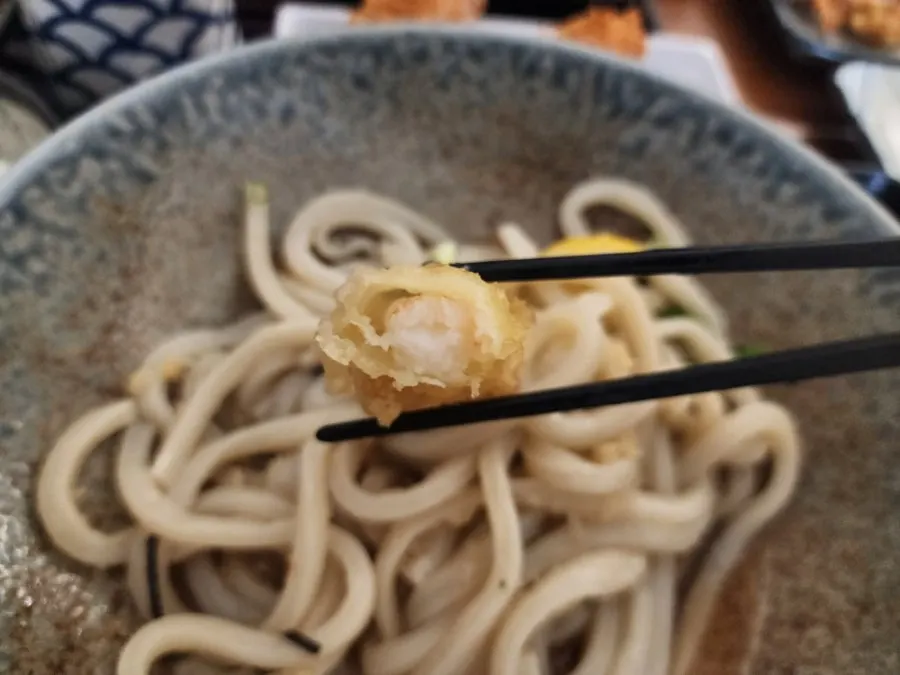 Udon and shrimp tempura with grated daikon and scallions