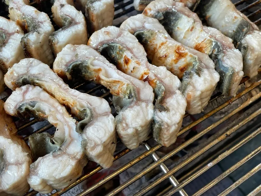 Savory-smelling charcoal-grilled eel