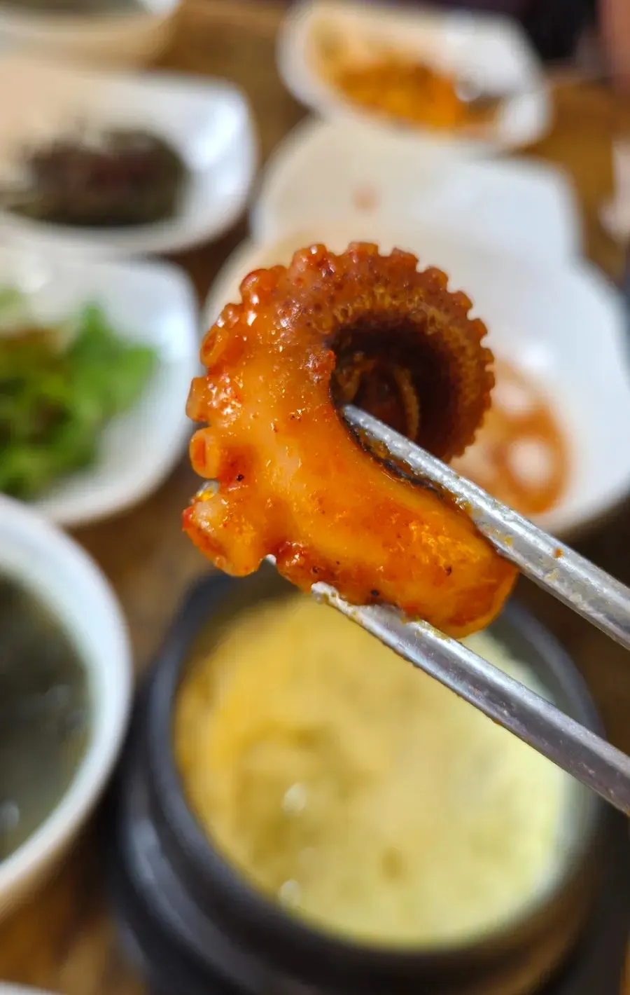 Chopsticks lifting a plump piece of baby octopus