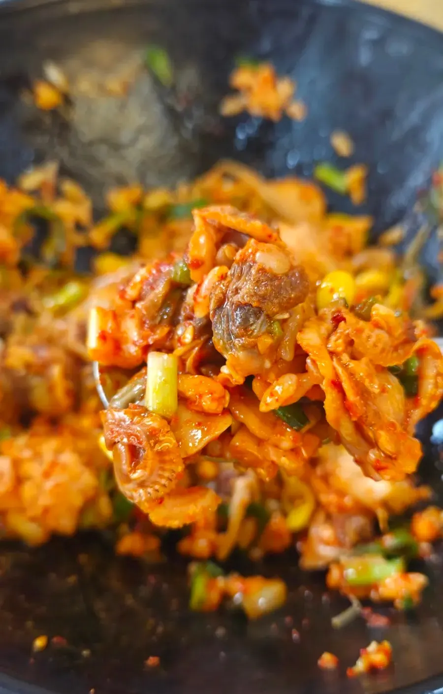 Spoonful of cockle bibimbap lifted from the bowl
