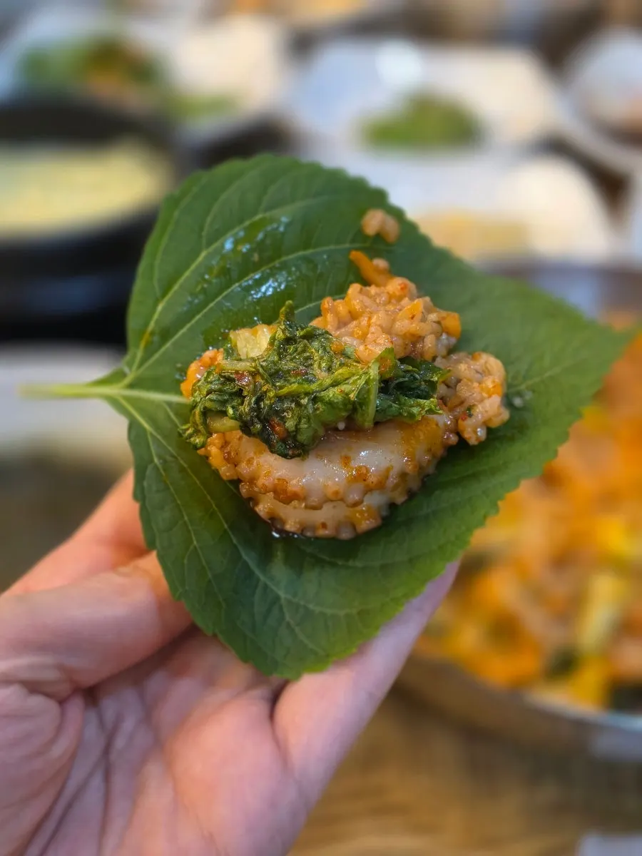 깻잎에 보리비빔밥과 쭈꾸미 올린 쌈