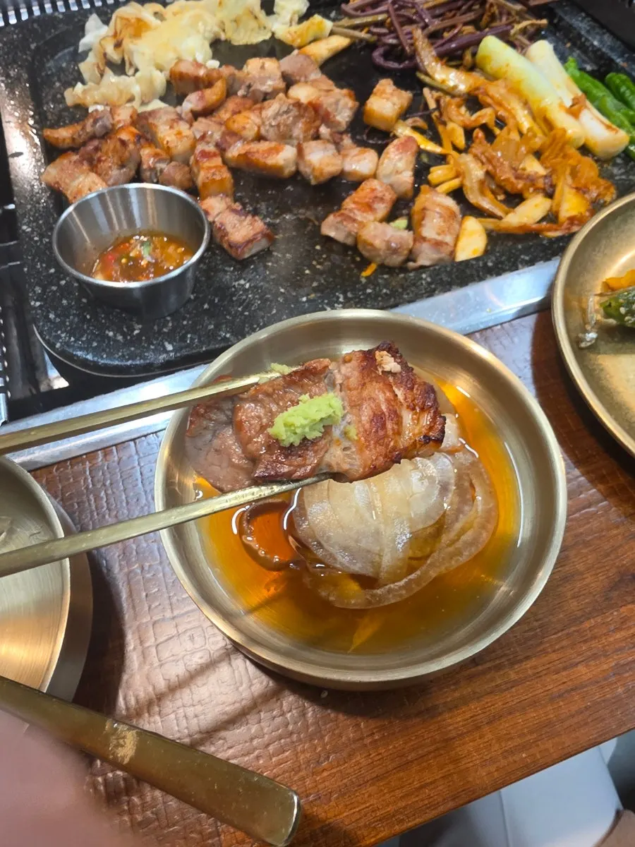 Meat with wasabi and onion sauce