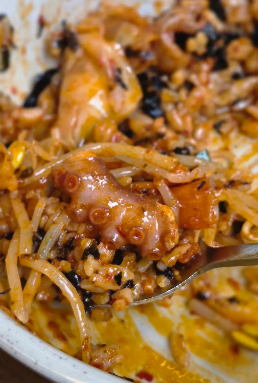 Octopus stir-fry mixed with rice and bean sprouts