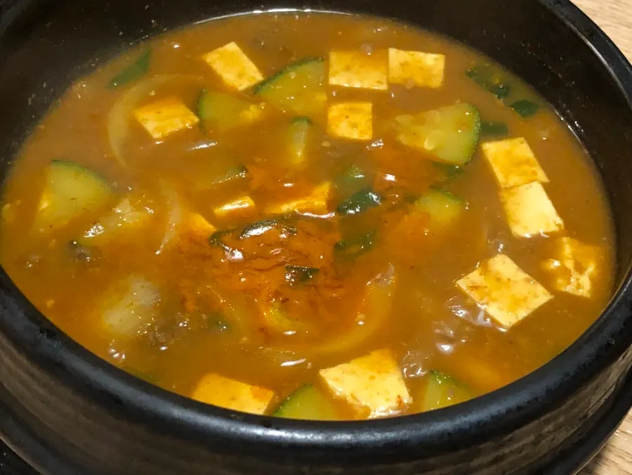 Doenjang jjigae with beef and a bowl of rice