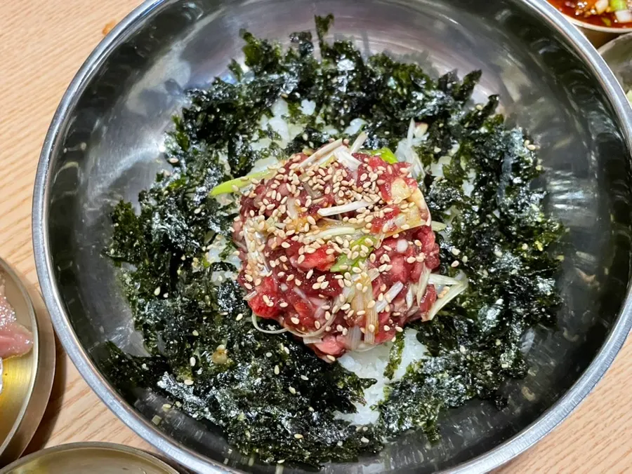 Ingredients laid out for the yukhoe rice ball