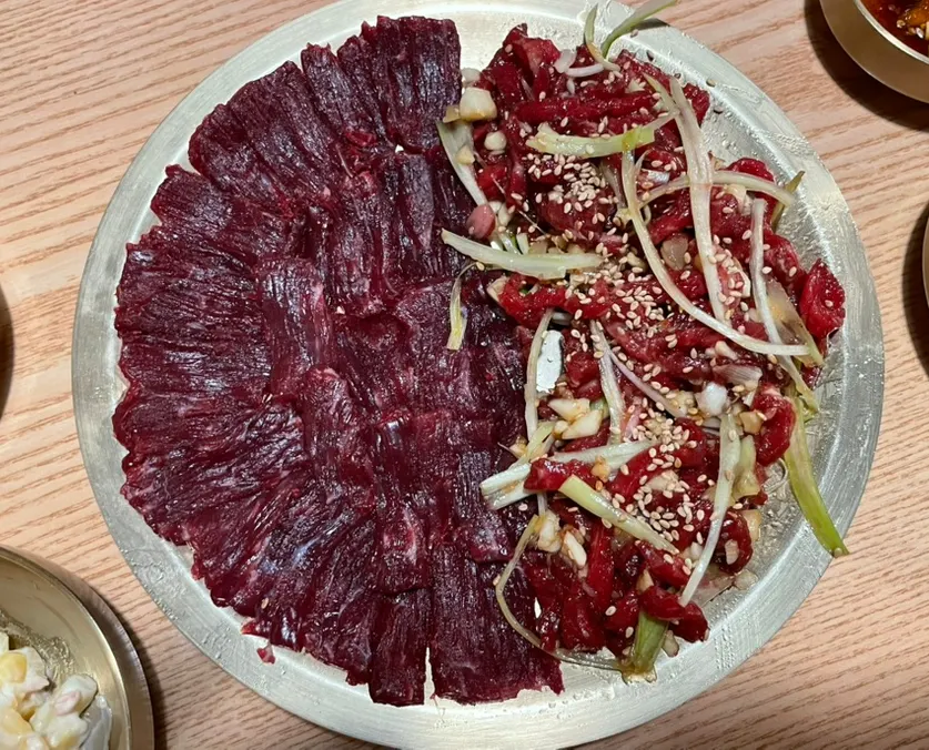 A plate of raw beef and yukhoe from the A Course for two