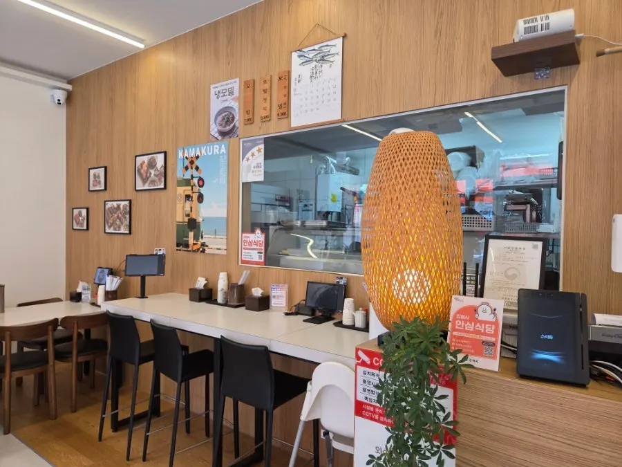 Wall at Sushi Hwa decorated with framed food photos
