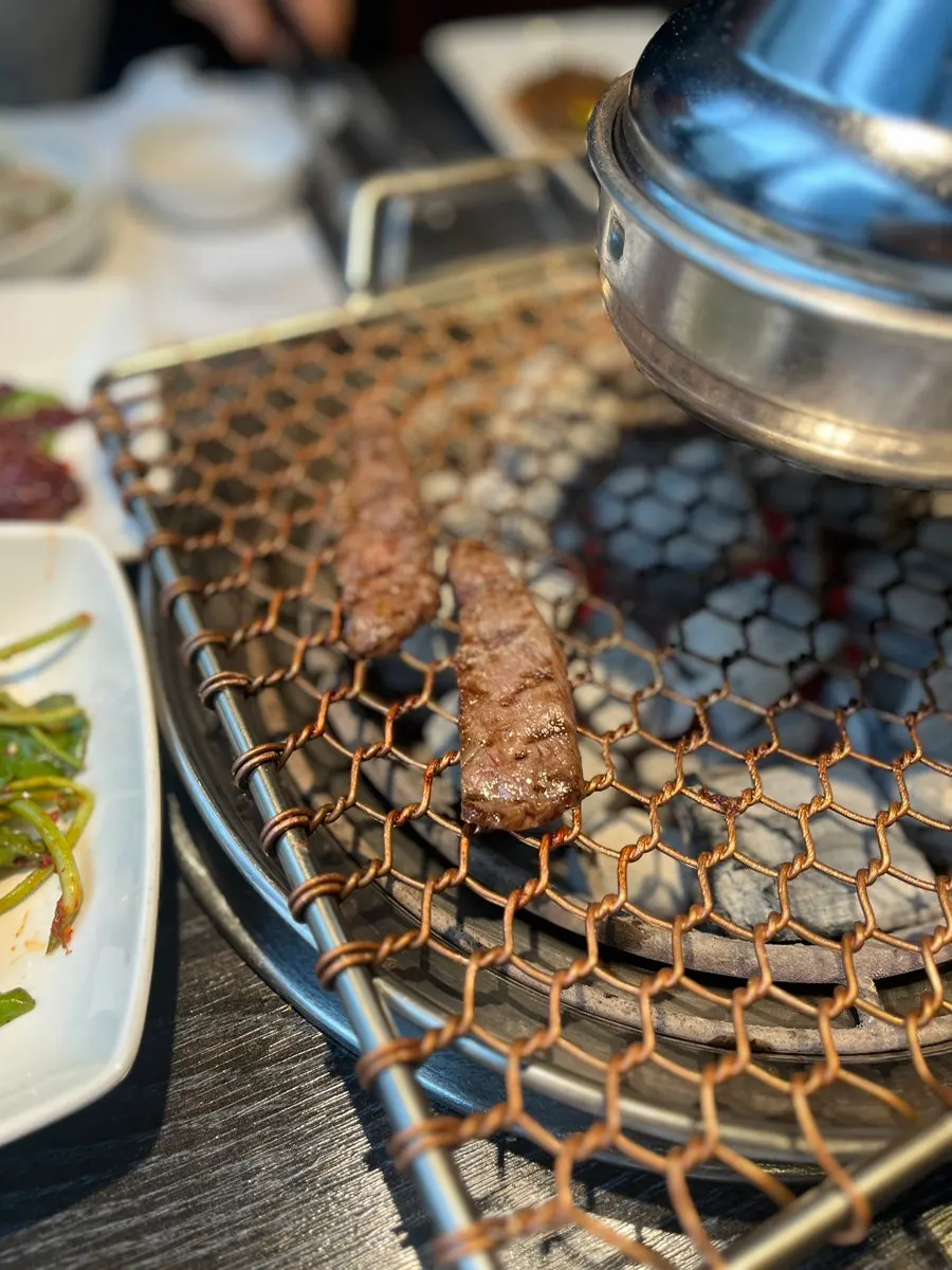 A grilled piece of hanwoo with wasabi
