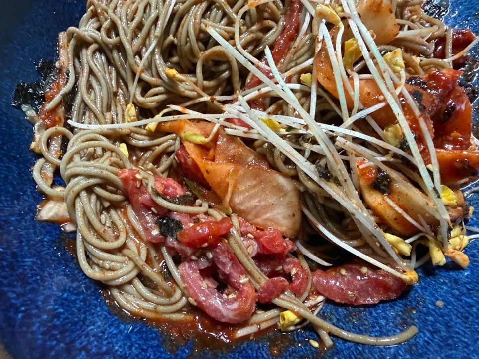 Buckwheat bibim-guksu topped with yukhoe