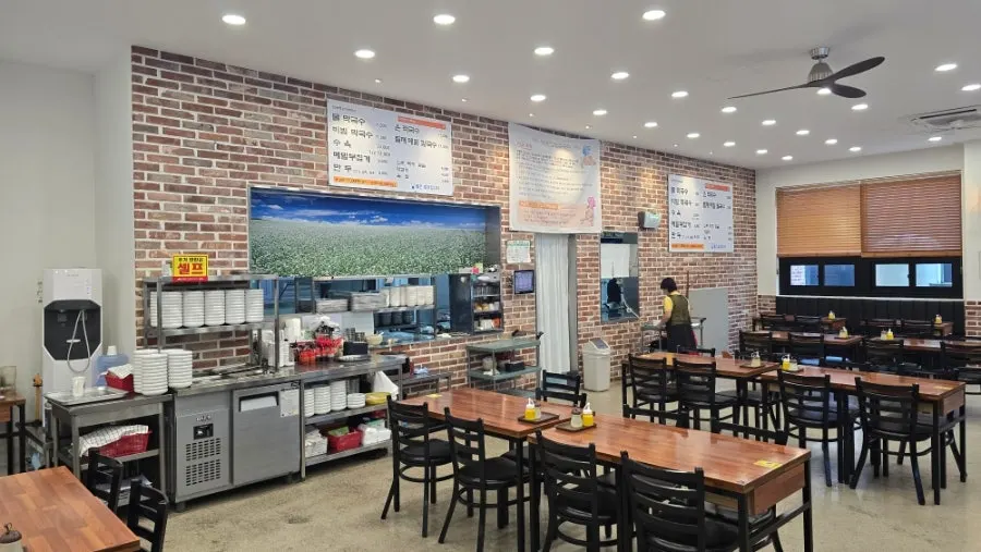 Dining hall with generously spaced tables