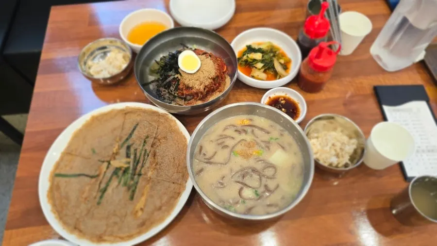 Close-up of house-made makguksu noodle strands