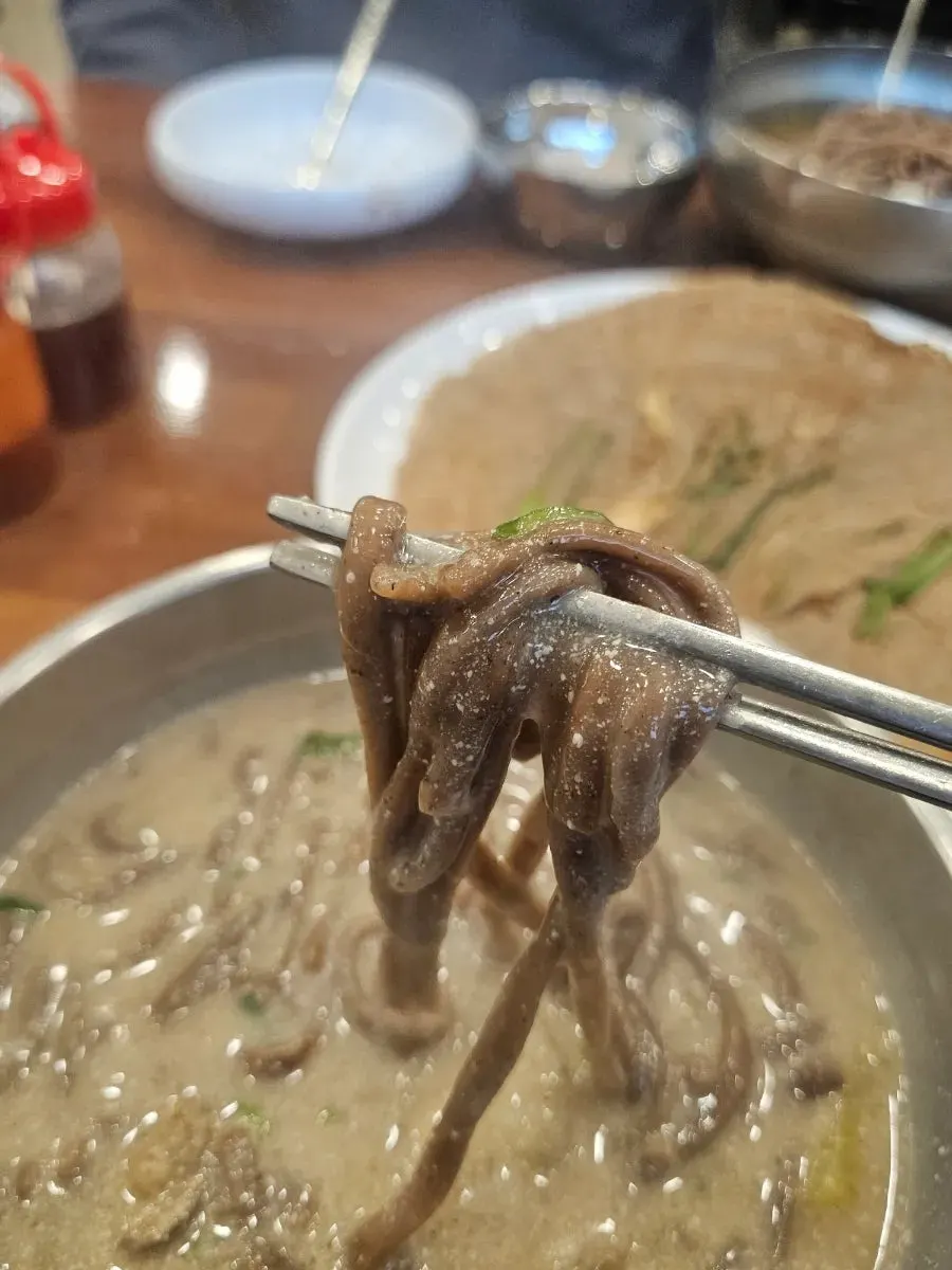 젓가락으로 들어올린 메밀면