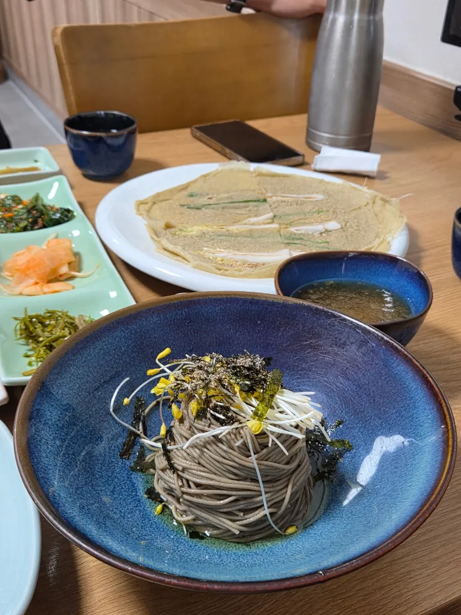 100% buckwheat makguksu in a soy sauce and perilla oil base