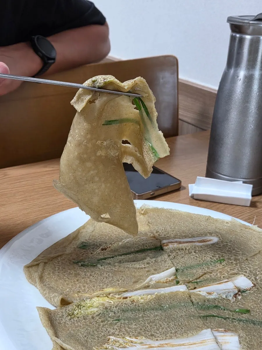 Two thin buckwheat pancakes served