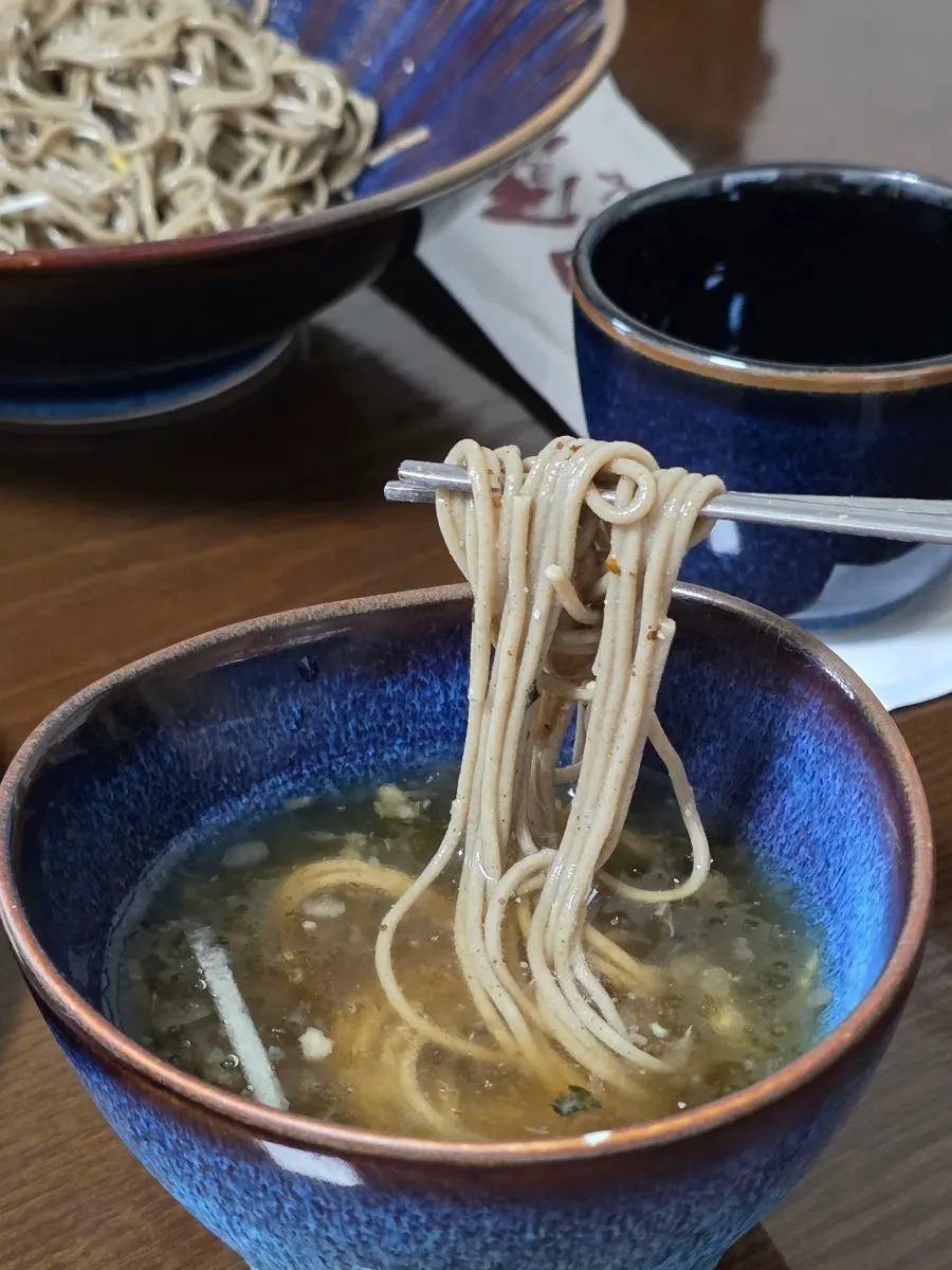 Buckwheat makguksu tossed with perilla oil and soy sauce