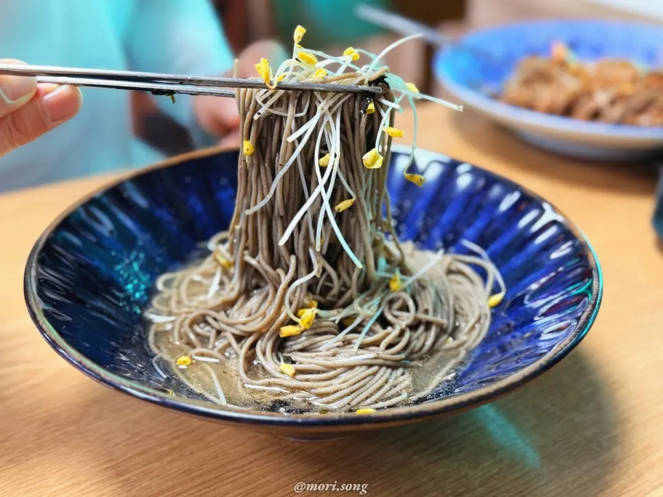 Buckwheat noodle broth that doesn't fully submerge the noodles