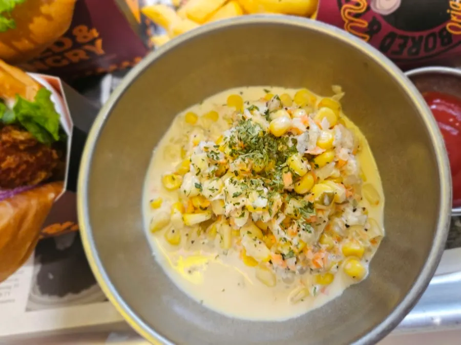Corn salad served in a soup-bowl-sized portion
