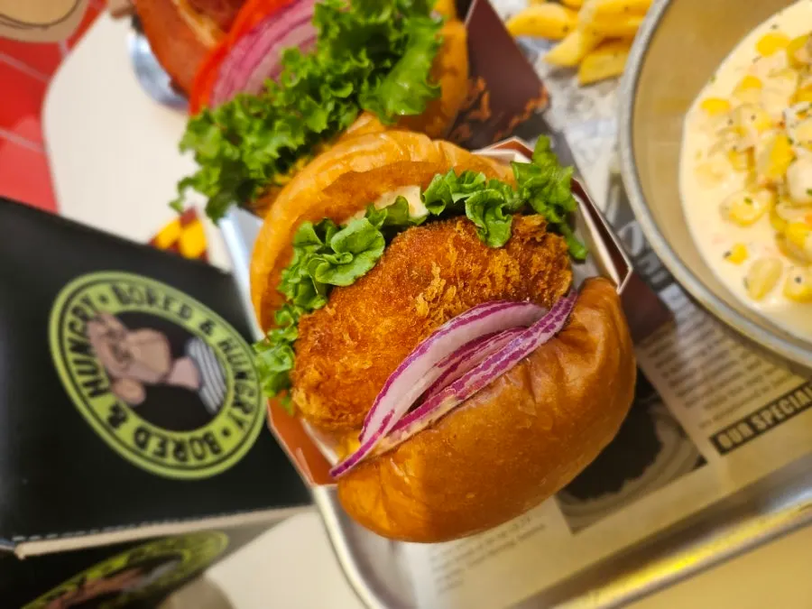 Full spread of the Shrimp O.G. Combo shrimp burger