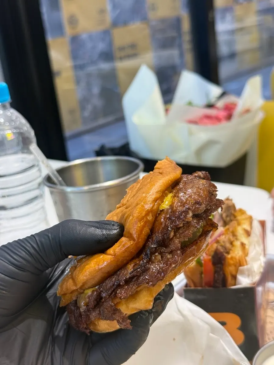 Cross-section of the burger with lettuce, tomato and red onion