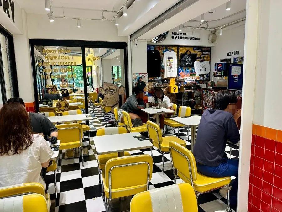 Interior seating with an American burger joint vibe