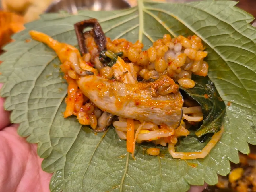 숟가락에 올린 보리비빔밥 한 술