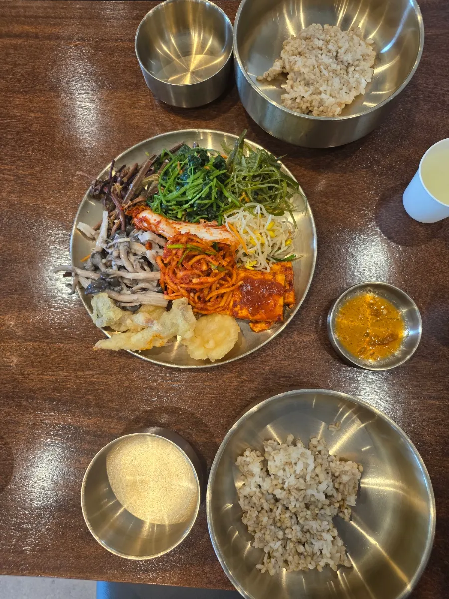 A plate piled high with namul side dishes