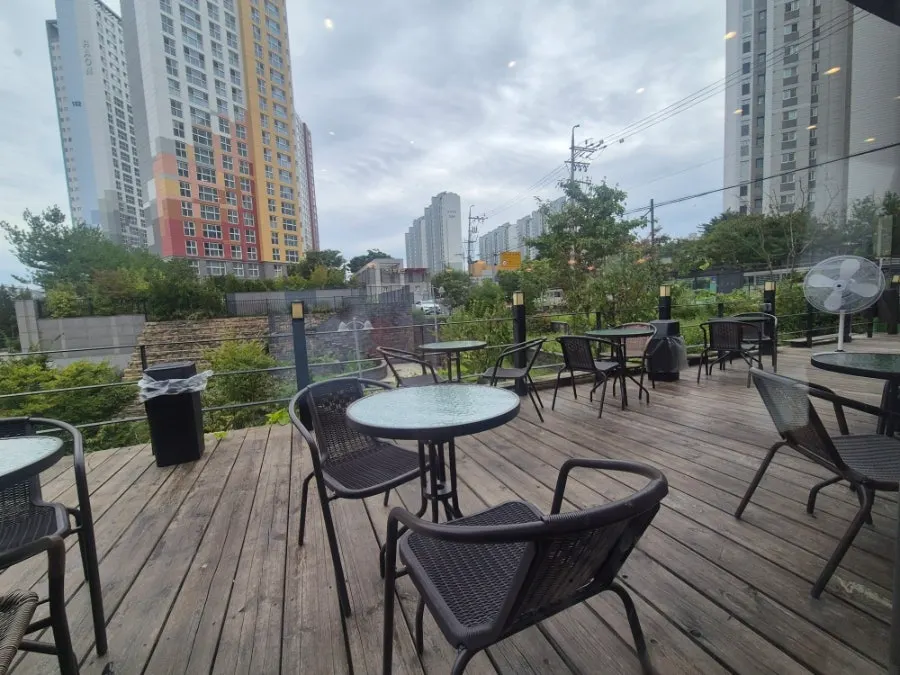 Outdoor terrace tables with an open view