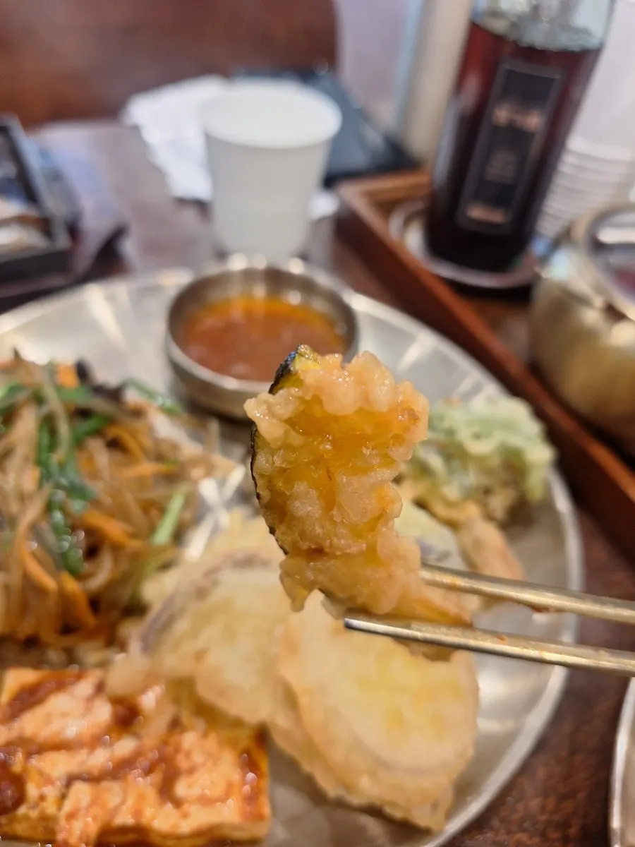 Crispy vegetable fritters and thick japchae
