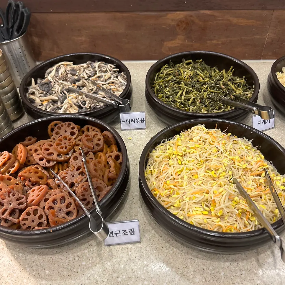 Trays of side dishes displayed at Boriook's self-serve bar