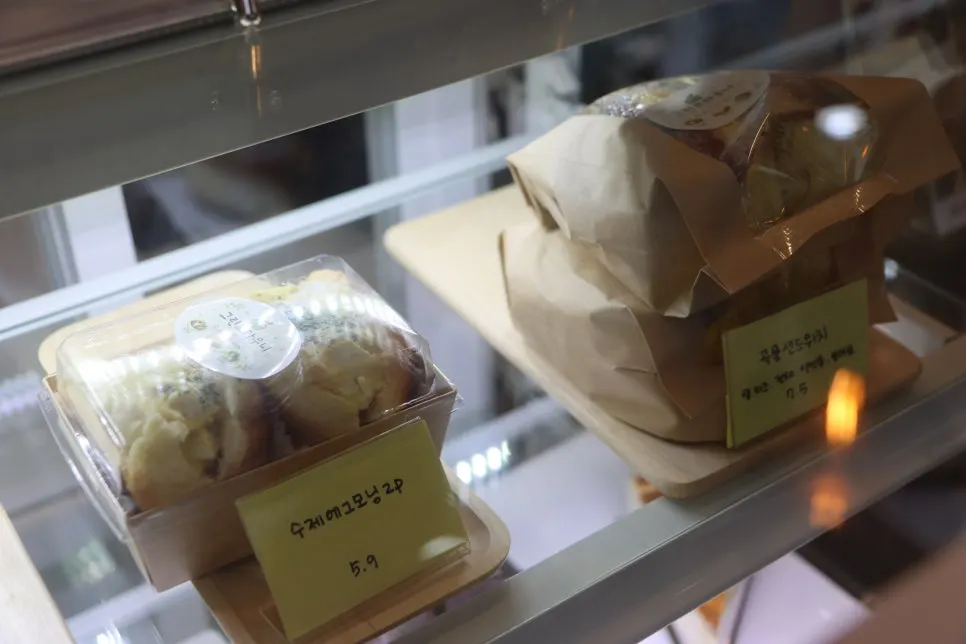 Assortment of desserts in the café display case