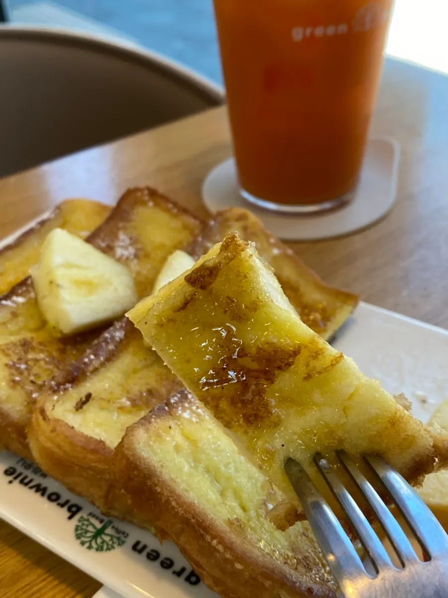 French toast topped with sugared banana